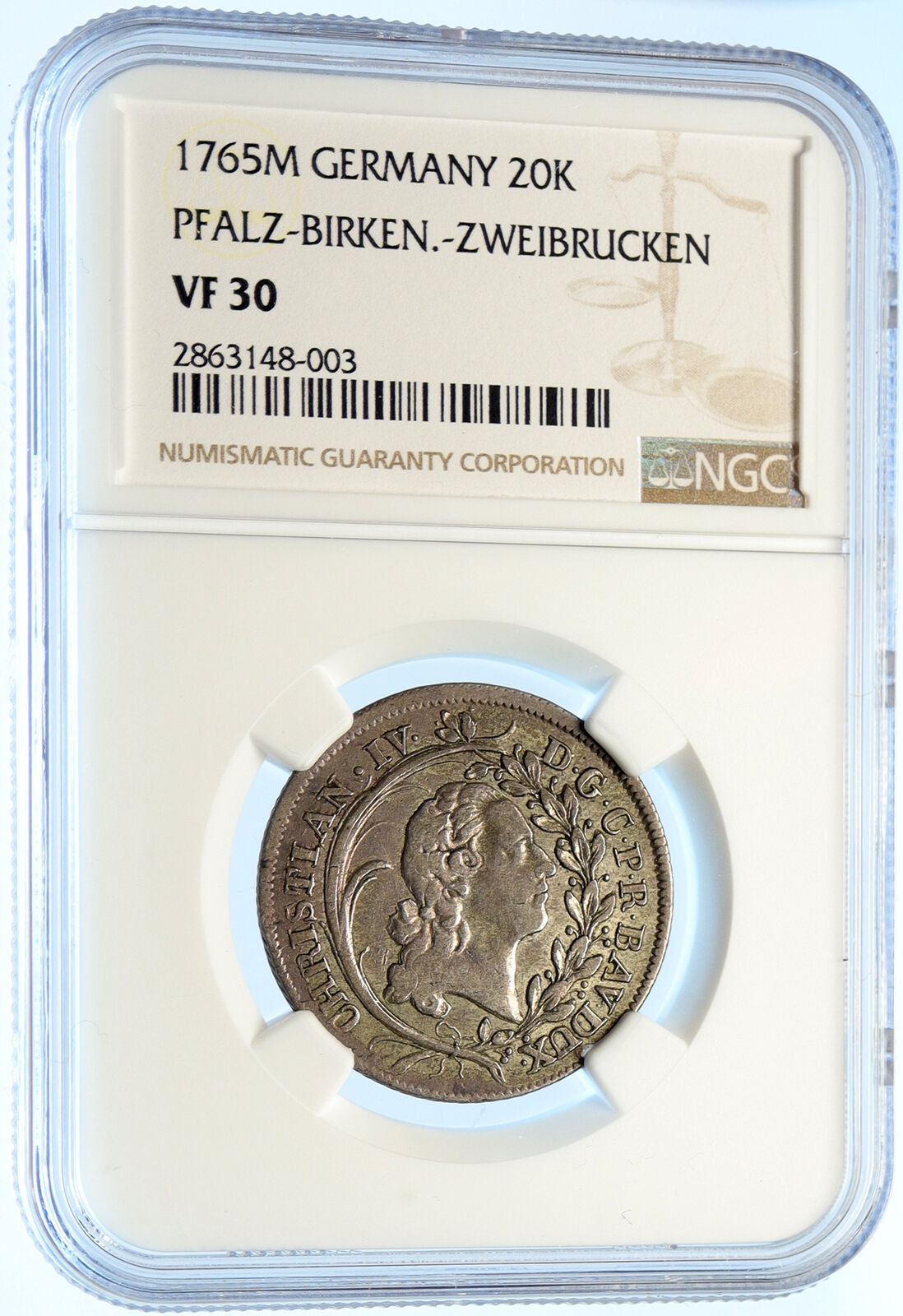 1765 M GERMAN States PFALZ COUNT CHRISTIAN IV Silver 20 Kreuzer Coin NGC i98414