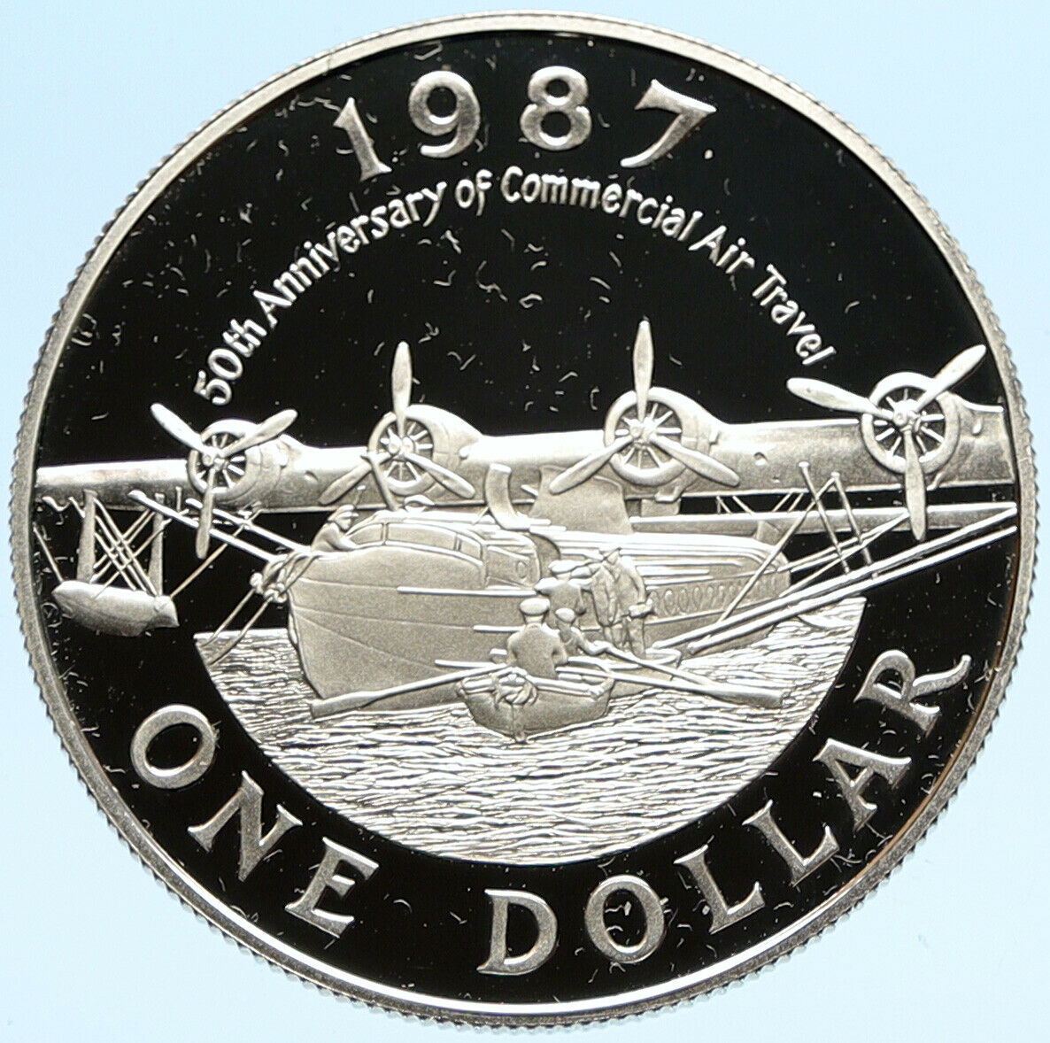 1987 BERMUDA Elizabeth II SEAPLANE - AVAIATION Proof Silver 1 Dollar Coin i98794