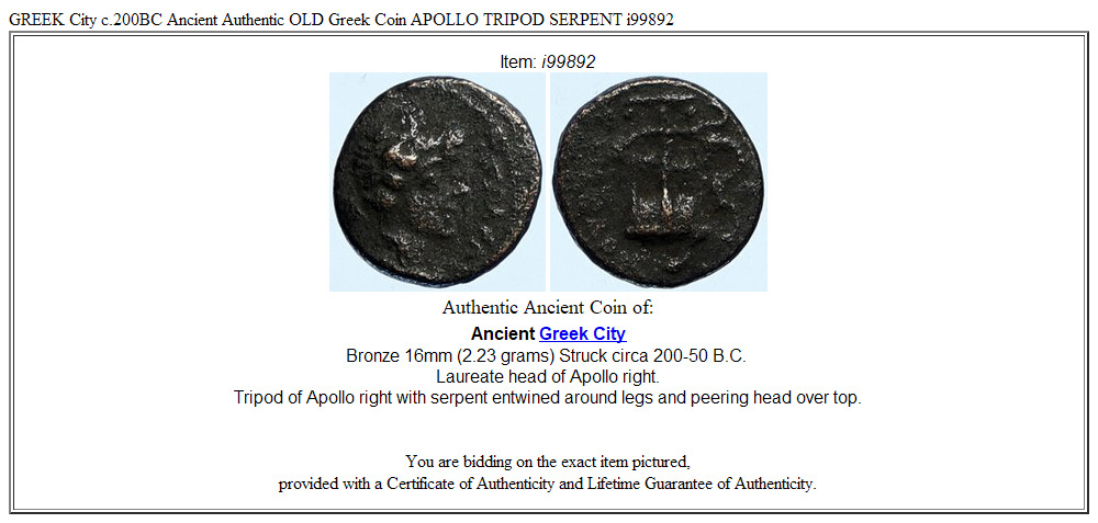 GREEK City c.200BC Ancient Authentic OLD Greek Coin APOLLO TRIPOD SERPENT i99892