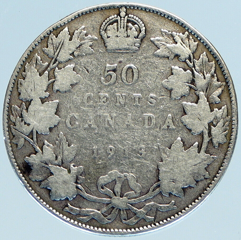 1913 CANADA UK King George V Genuine Antique SILVER 50 CENTS Coin i98459