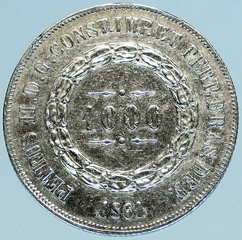 1861 BRAZIL Silver 1000 Reis Antique OLD Brazilian Coin w Coat-Of-Arms i98457