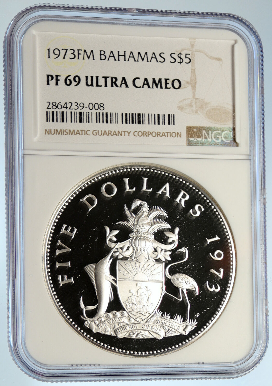 1973 BAHAMAS Elizabeth II PIRATE DEFEAT MOTTO Proof Silver $5 Coin NGC i99949