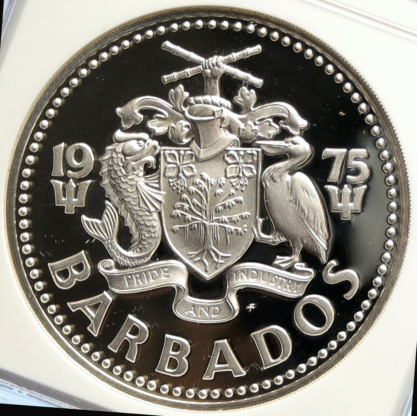 1975 BARBADOS Huge 4.2cm Genuine Proof Silver 10 Dollars Coin NEPTUNE NGC i99950