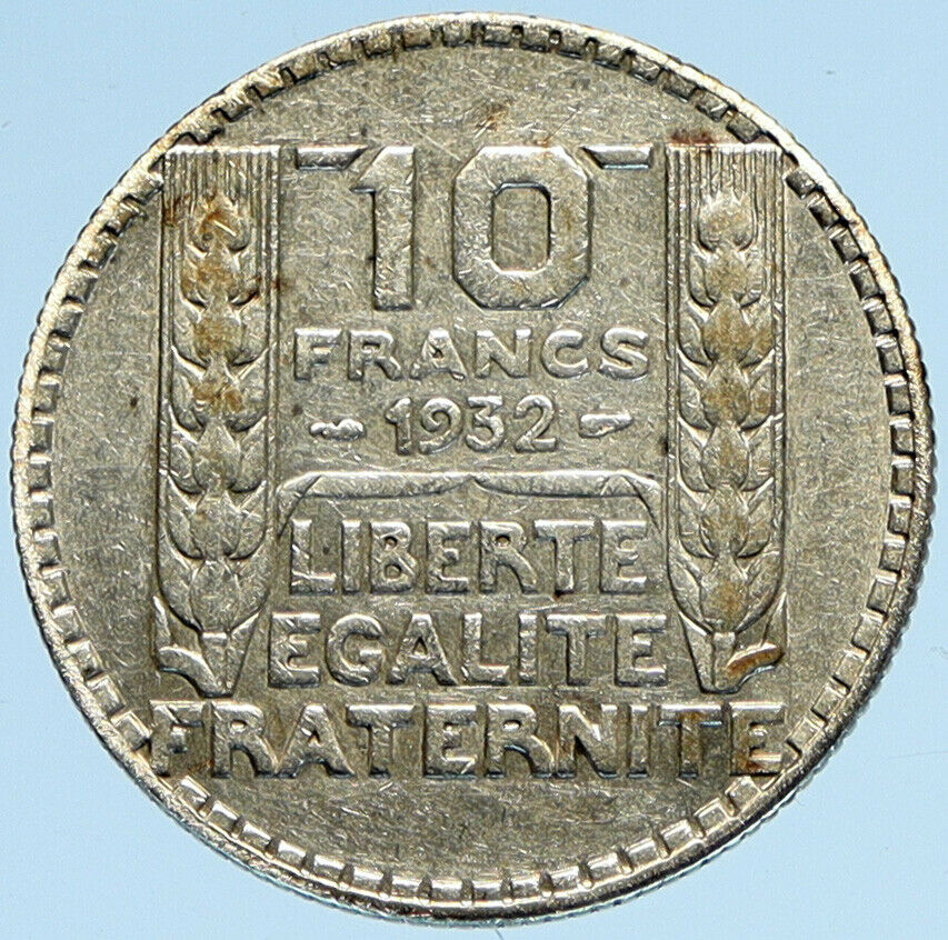 1932 FRANCE w Marianne FRENCH MOTTO Antique VINTAGE Silver 10 Francs Coin i98118