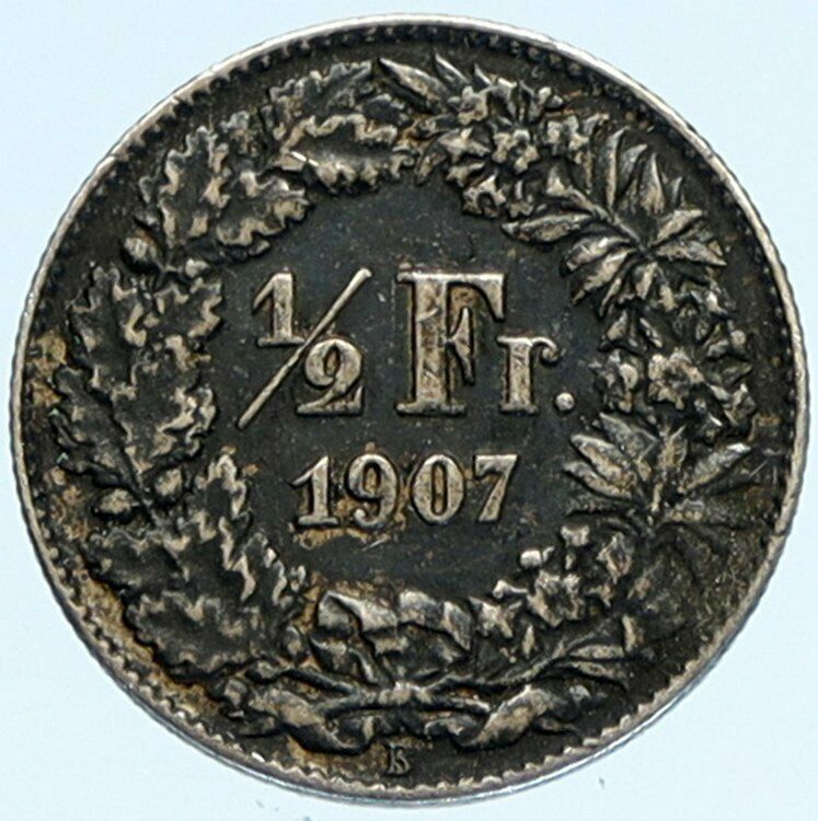 1907B SWITZERLAND SILVER 1/2 Francs Coin HELVETIA Symbolizes SWISS Nation i98120