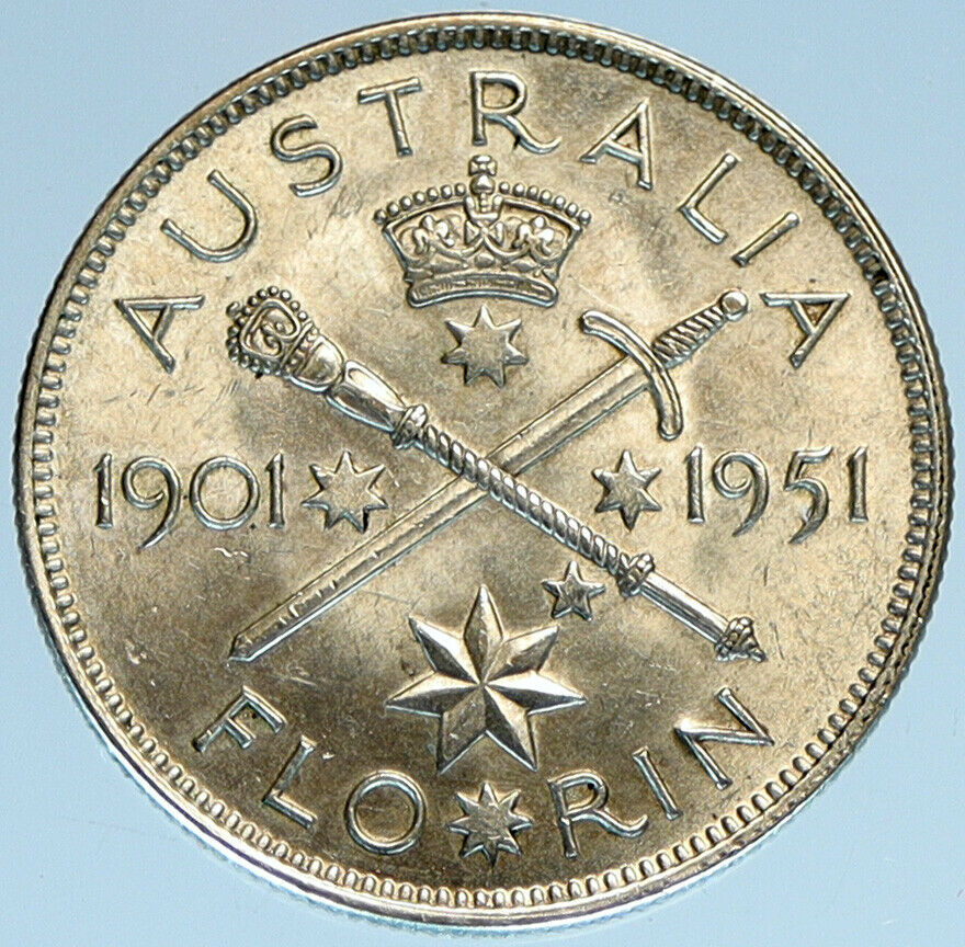 1951 AUSTRALIA King George VI 50th Anniv LARGE Genuine Silver Florin Coin i97904