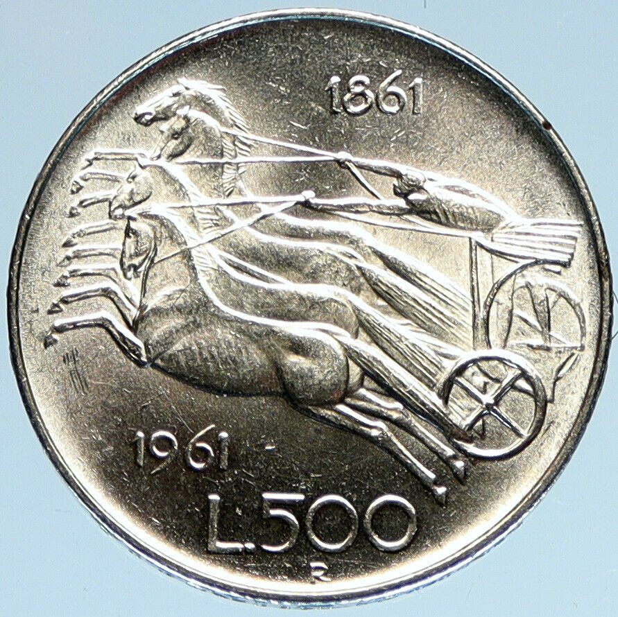 1961 ITALY Silver 500 Lire Coin ITALIAN UNIFICATION Rome Capital CHARIOT i97913