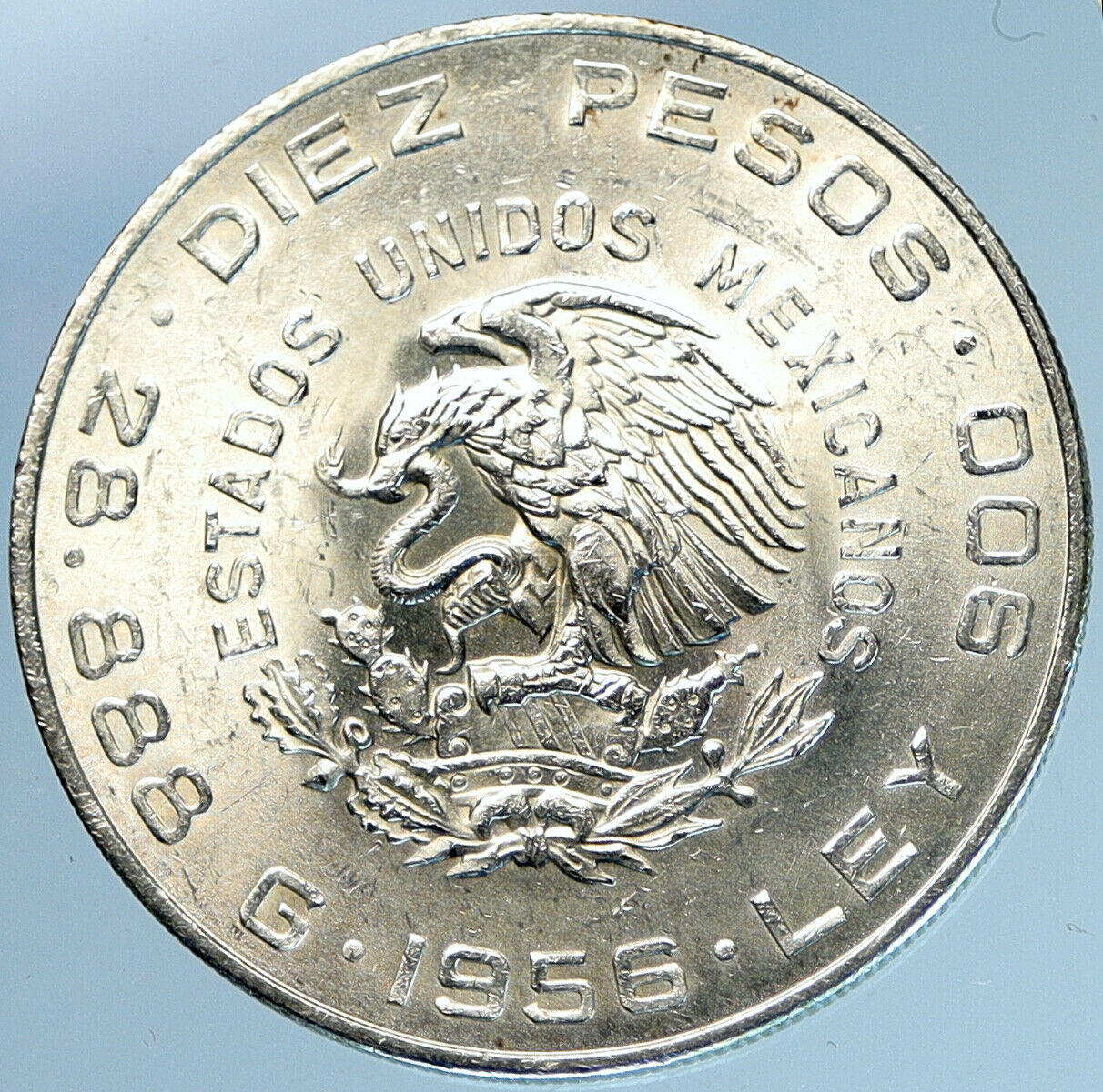 1956 MEXICO Large SILVER 10 Pesos Coin MEXICAN Independence HERO Hidalgo i97912