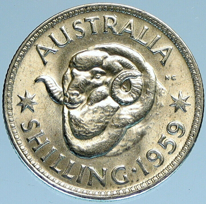 1959 AUSTRALIA UK Queen Elizabeth II of Silver Shilling Vintage Coin RAM i97915