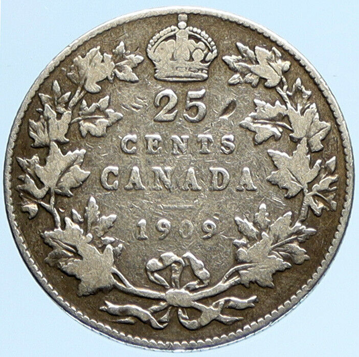 1909 CANADA UK King George V Genuine OLD Original SILVER 25 CENTS Coin i97230