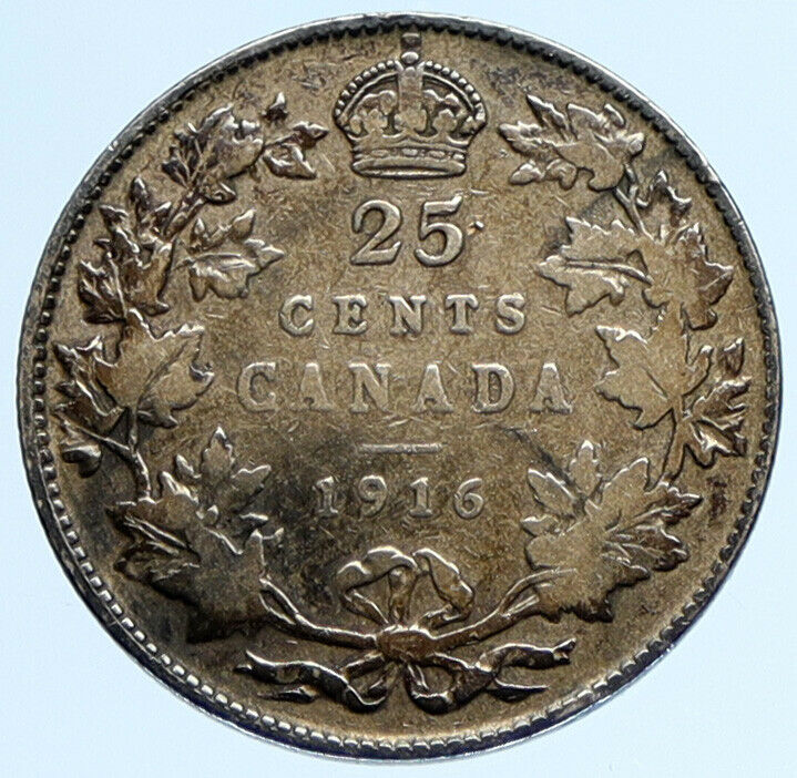 1916 CANADA UK King George V VINTAGE Antique RARE SILVER 25 CENTS Coin i97236