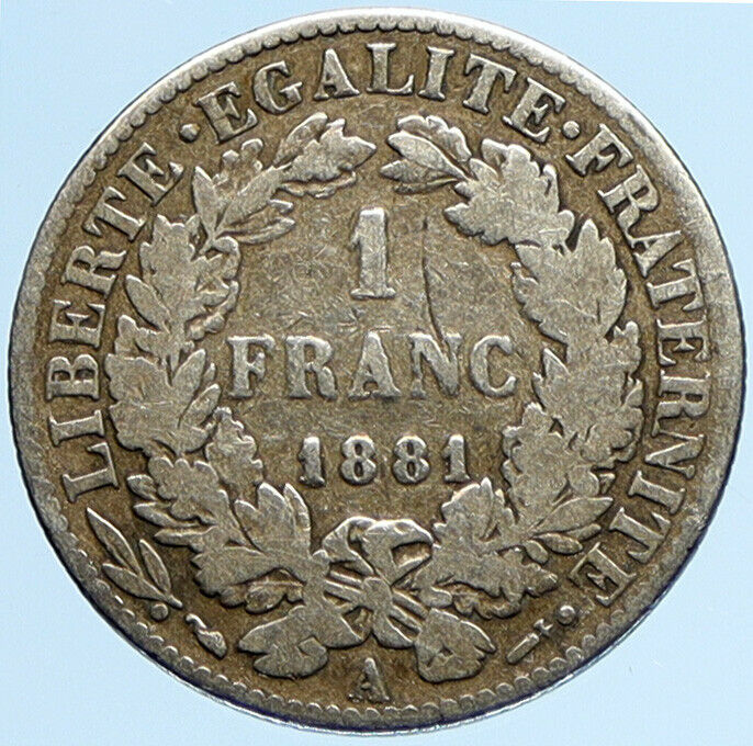 1881 A FRANCE with LIBERTY and MOTTO Genuine French Silver 1 Franc Coin i97226