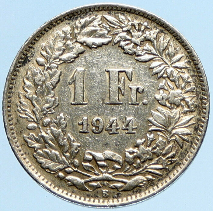 1944 SWITZERLAND - SILVER 1 Franc Coin - HELVETIA Symbolizes SWISS Nation i97229