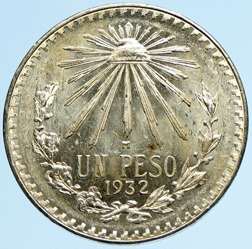 1932 Mo MEXICO Large Eagle Liberty Cap Mexican Antique Silver 1 Peso Coin i97945