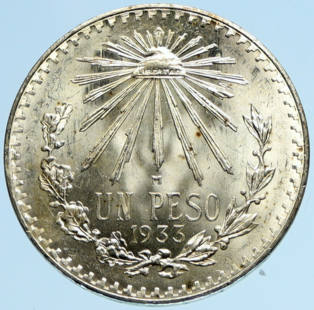 1933 Mo MEXICO Large Eagle Liberty Cap Mexican Antique Silver 1 Peso Coin i97954