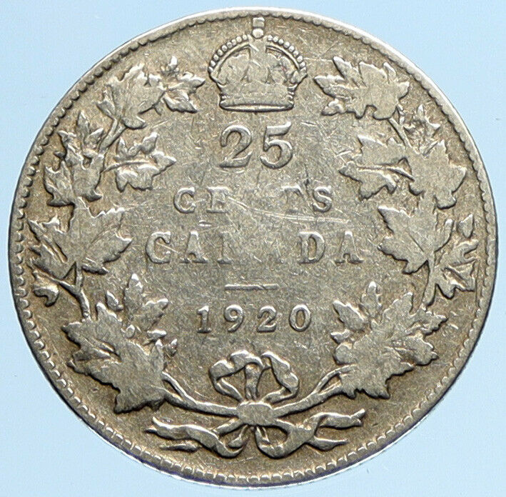 1920 CANADA UK King George V VINTAGE Antique RARE SILVER 25 CENTS Coin i97231