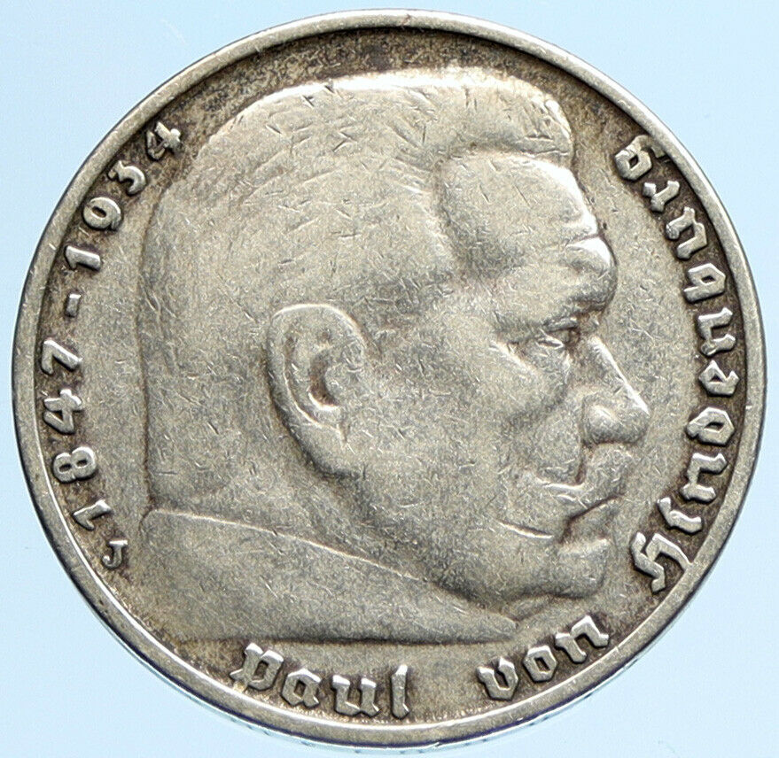 1935J Germany 2nd President Paul von Hindenburg Silver German 5 Mark Coin i97234