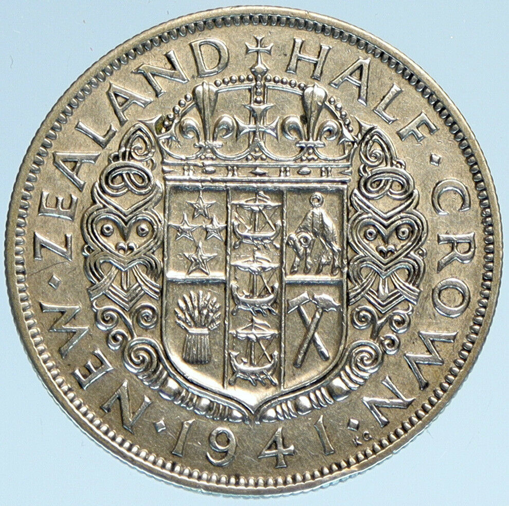 1941 NEW ZEALAND UK King George VI Shield Silver 1/2 Half Crown OLD Coin i97919