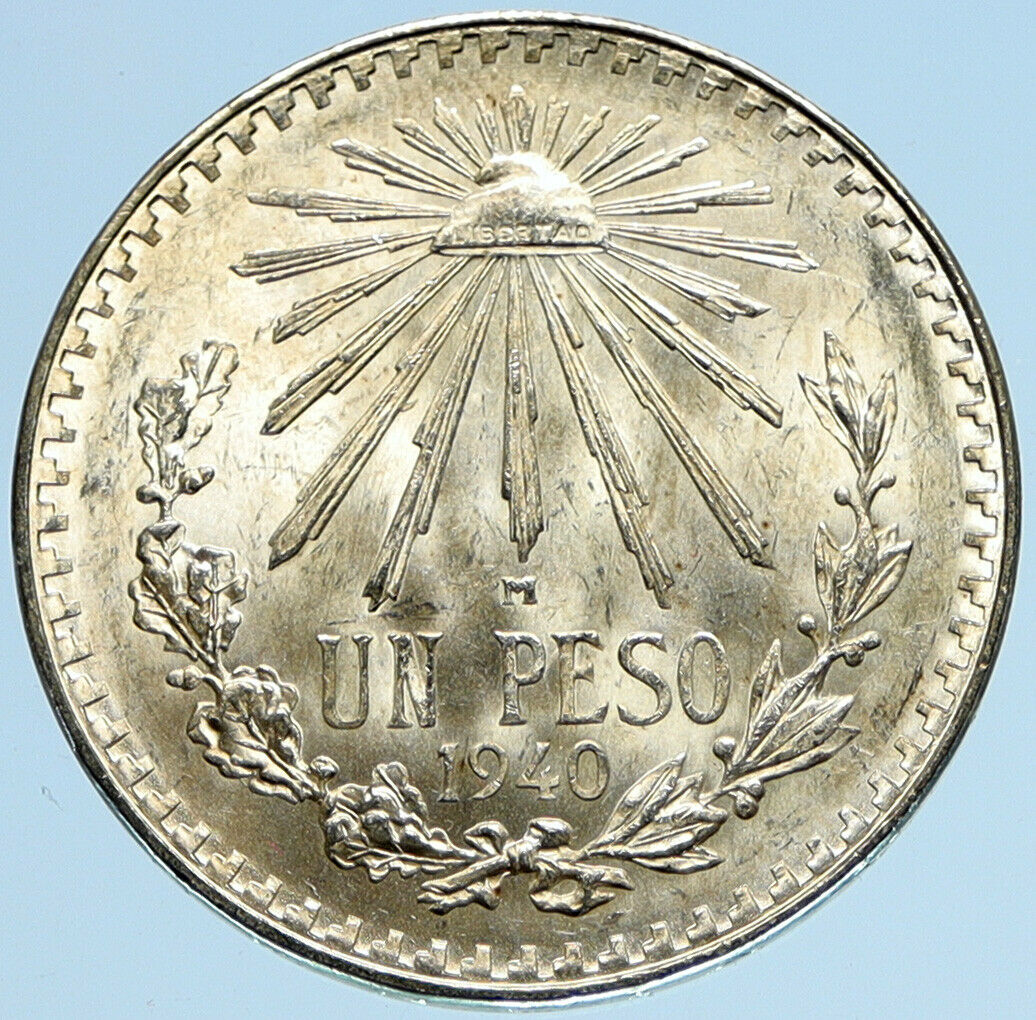 1940 Mo MEXICO Large Eagle Liberty Cap Mexican Antique Silver 1 Peso Coin i97950