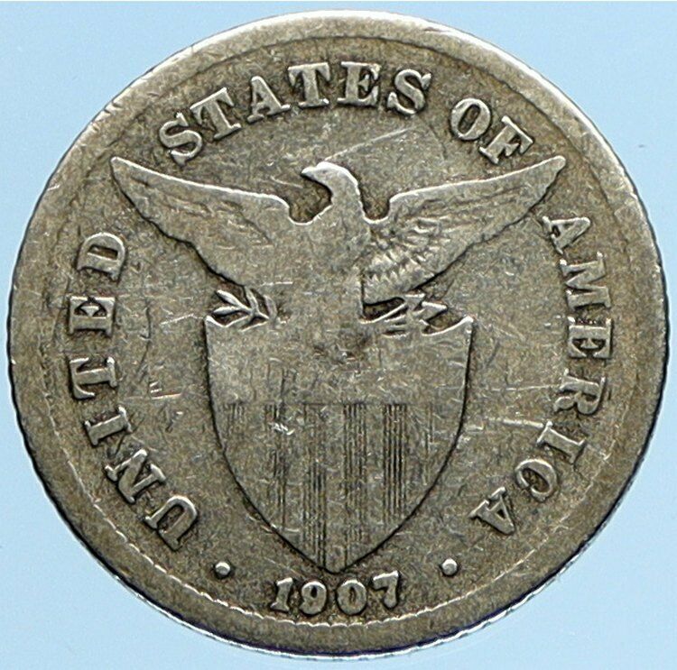 1907 PHILIPPINES Under US Administration Eagle Silver 20 Centavos Coin i97225