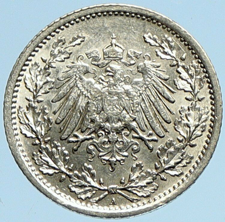 1915 A WILHELM II of GERMANY 1/2 Mark Antique German Silver Coin Eagle i97944