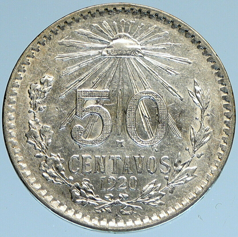 1920 MEXICO City EAGLE CACTUS SERPENT Old Silver 50 Centavos Mexican Coin i97926