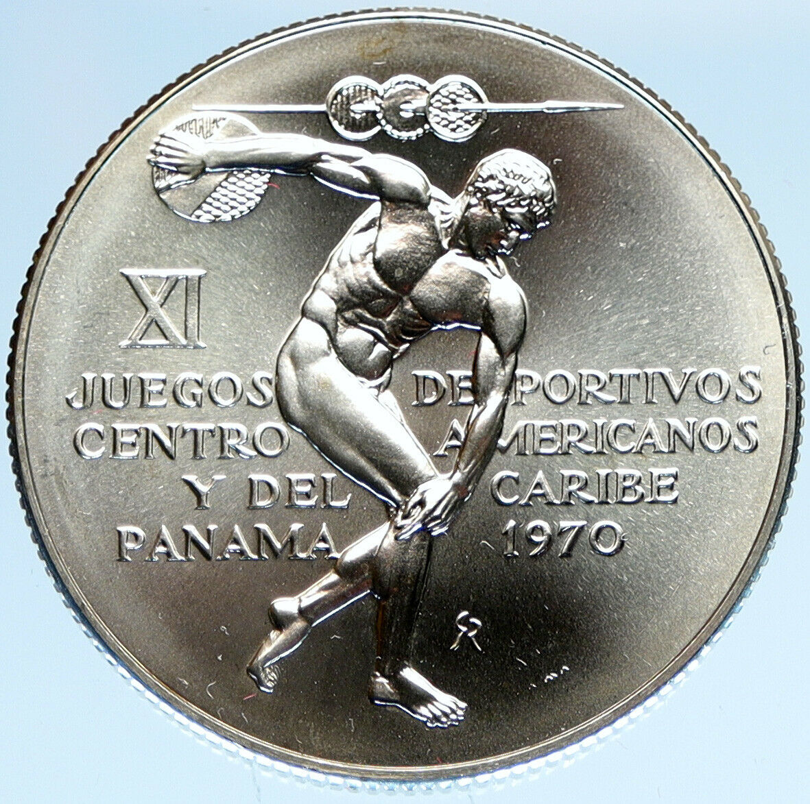 1970 PANAMA Olympic Games GREEK DISC THROWER ATHLETE Old Silver 5Bol Coin i97892