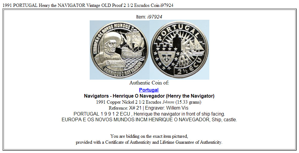 1991 PORTUGAL Henry the NAVIGATOR Vintage OLD Proof 2 1/2 Escudos Coin i97924