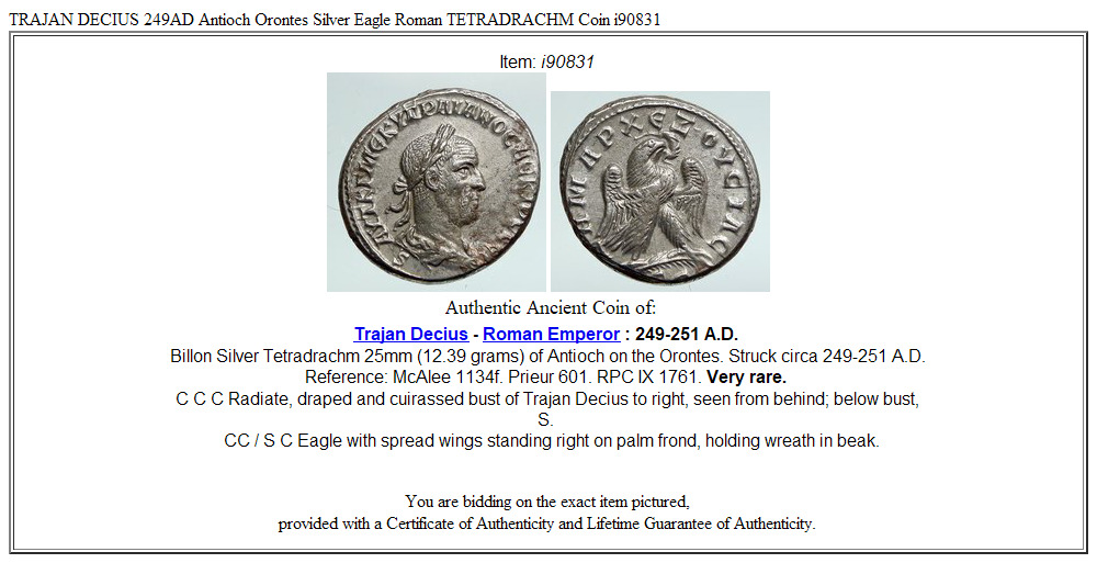 TRAJAN DECIUS 249AD Antioch Orontes Silver Eagle Roman TETRADRACHM Coin i90831