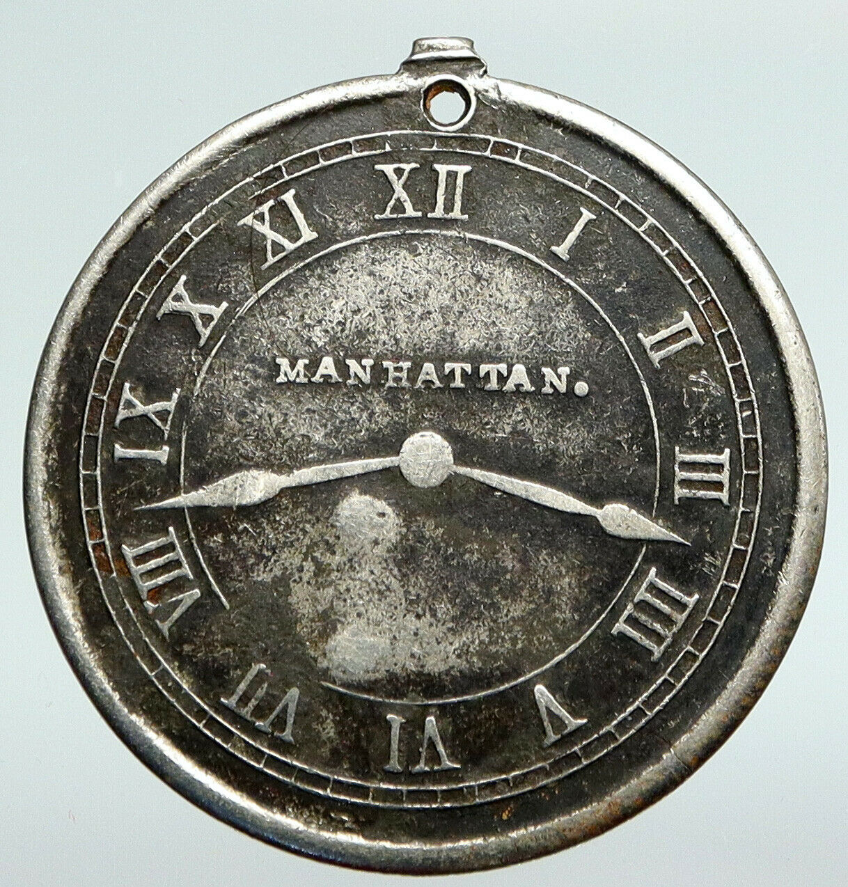 c.1880 USA NY New York City MANHATTAN WATCH CO Store Clock OLD Medal Coin i90827