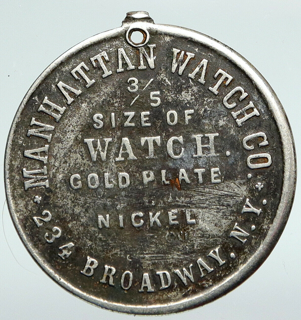 c.1880 USA NY New York City MANHATTAN WATCH CO Store Clock OLD Medal Coin i90827