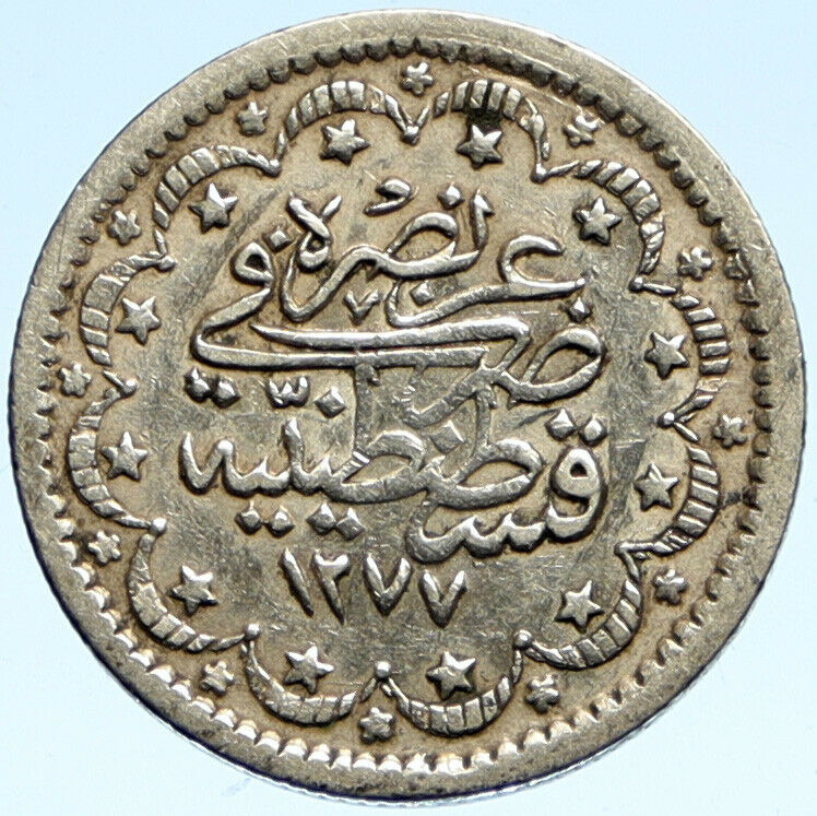 1277 AH 1861-74 TURKEY Sultan ABDULAZIZ Ottoman OLD Silver 5 Kurus Coin i99349