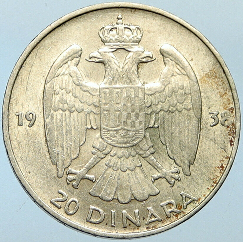 1938 YUGOSLAVIA King Peter II Eagle VINTAGE Old Silver 20 Dinara Coin i100256