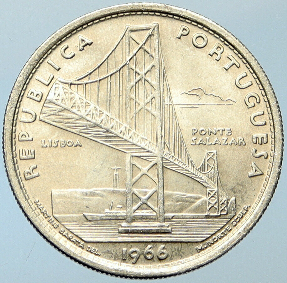 1966 PORTUGAL Opening SALAZAR BRIDGE Antique BU Silver 20 Escudos Coin i100255