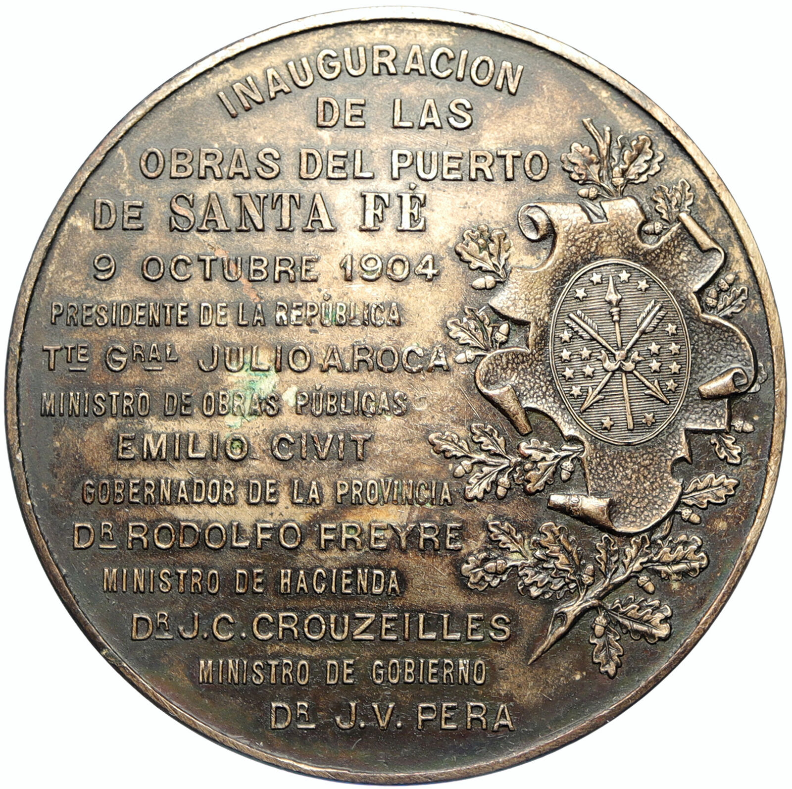 1904 ARGENTINA Port of SANTA FE Aroca Civit Freyre Pera ANTIQUE Medal i100245