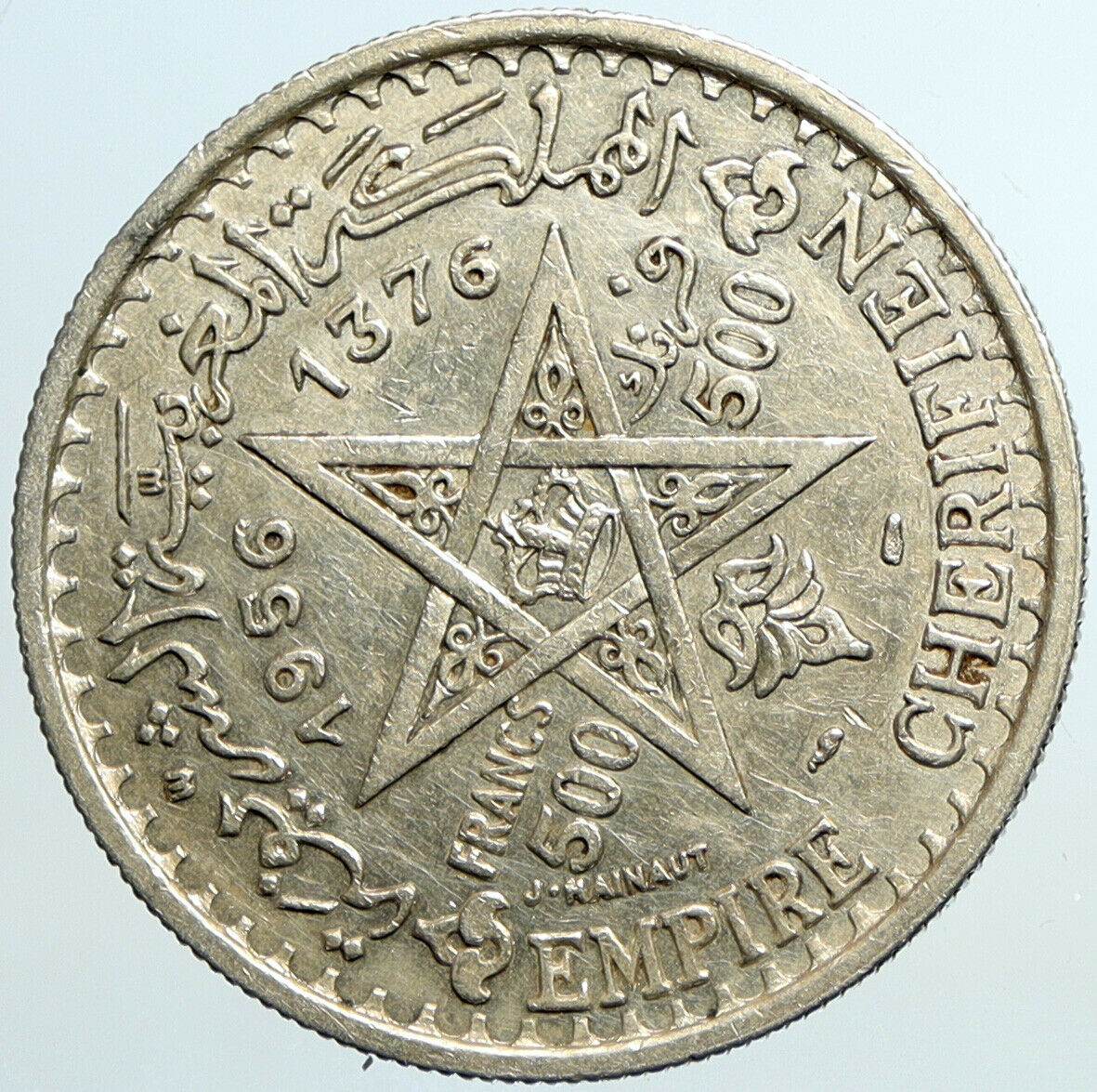 1956 MOROCCO King Mohammed V Crown Star VINTAGE Silver 500 Franc Coin i101319