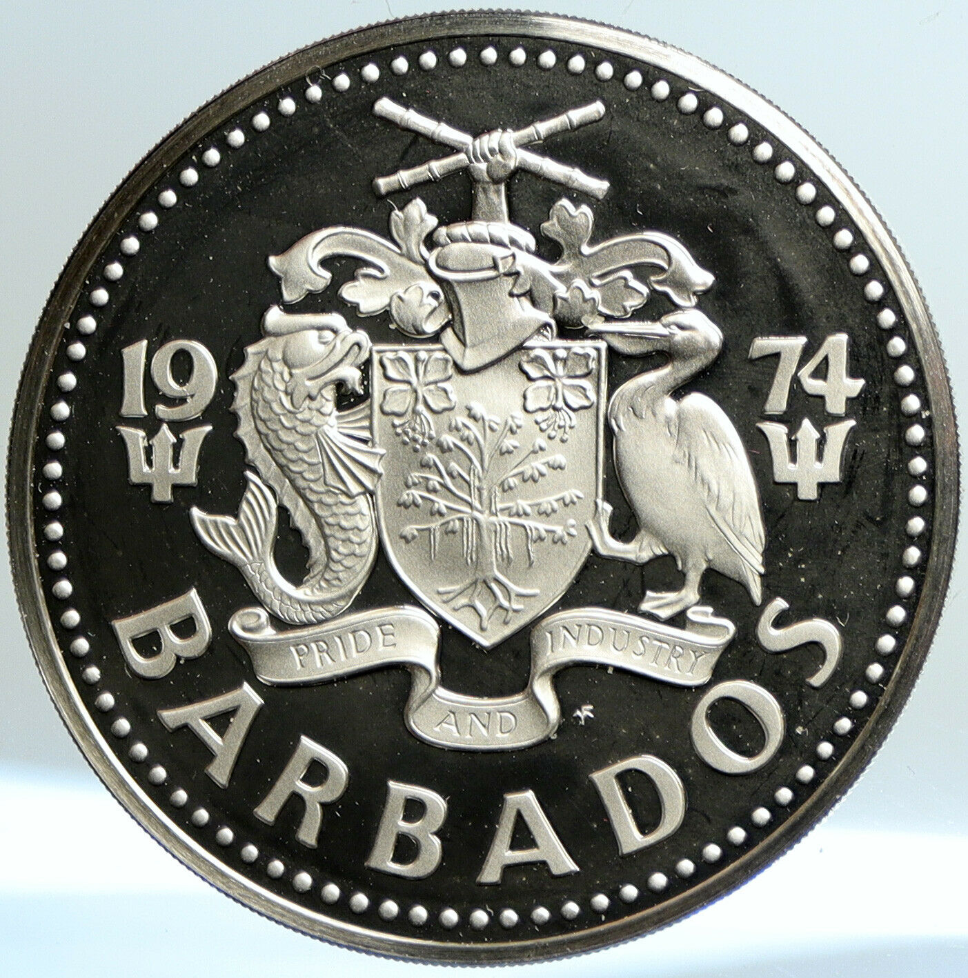 1974 BARBADOS Huge 4.2cm VINTAGE NEPTUNE Proof Silver 10 Dollars Coin i101329