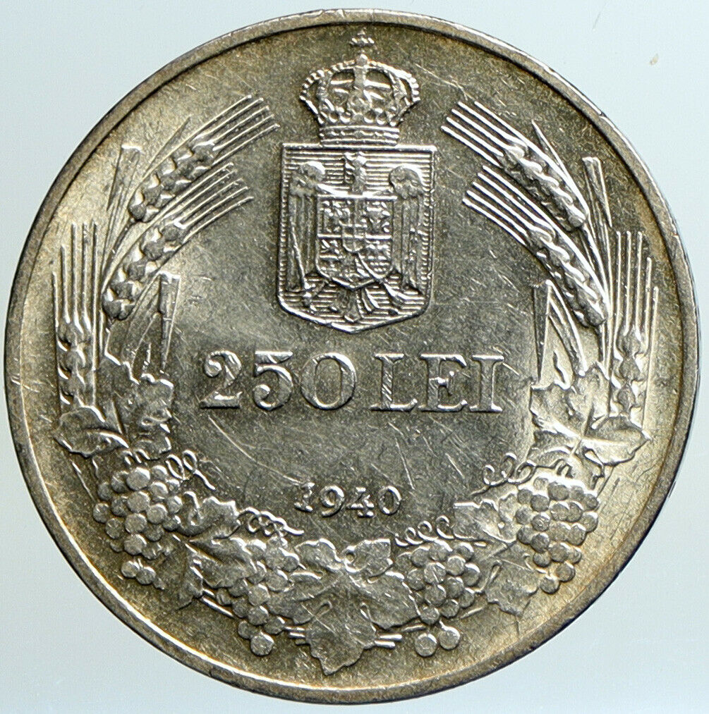 1940 ROMANIA King Carol II Shield VINTAGE Silver 250 Lei Romanian Coin i101331