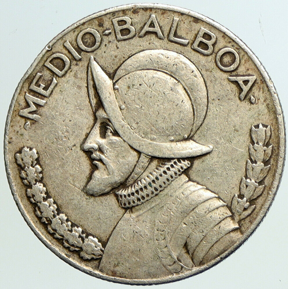 1930 PANAMA Spanish Conquistador Hero ANTIQUE OLD Silver 1/2 BALBOA Coin i101243