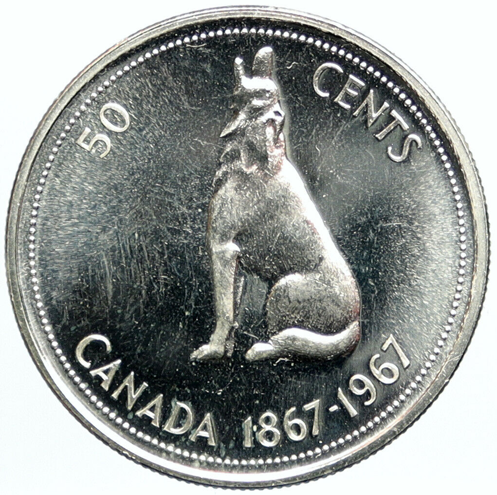 1967 CANADA Queen ELIZABETH II Wolf Howls Vintage Silver 50 Cents Coin i101131