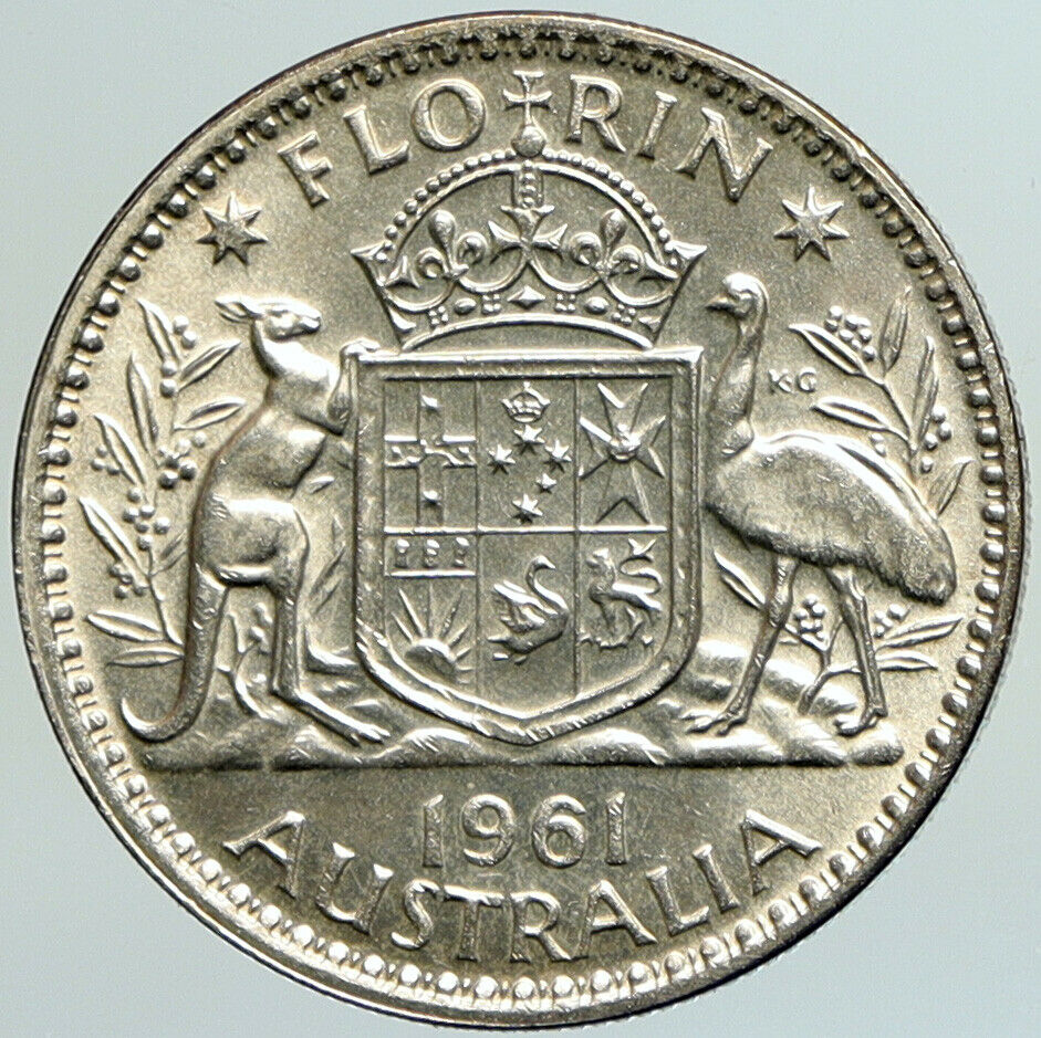 1961 AUSTRALIA UK Queen Elizabeth II OLD SILVER FLORIN Coin Coat-of-Arms i101247