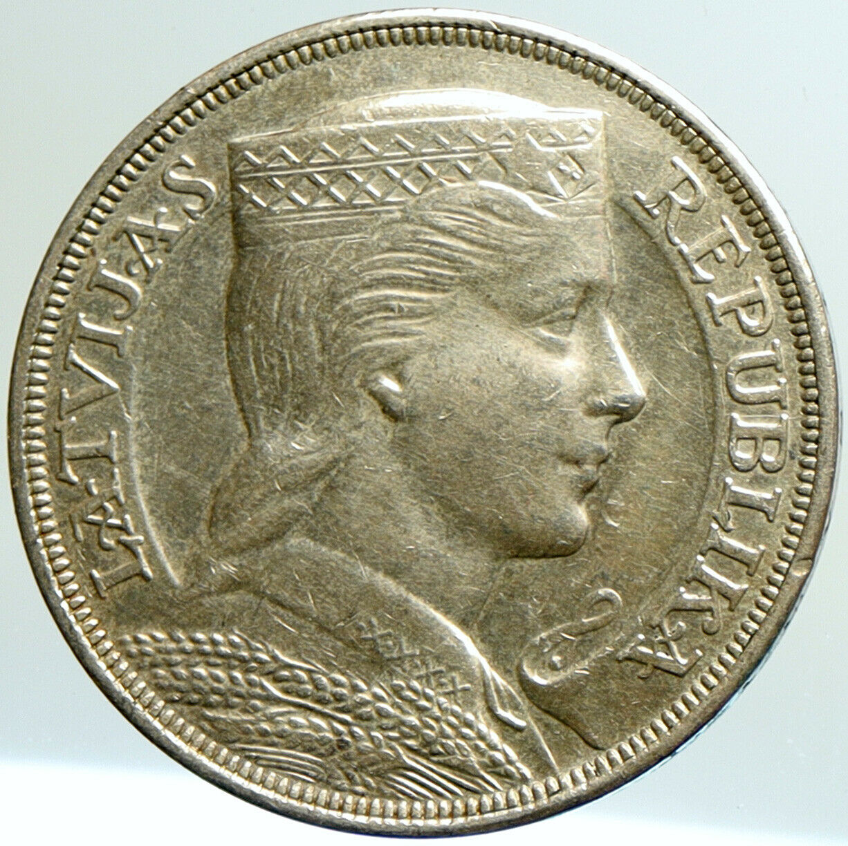 1931 LATVIA w Female Headwear 5 Lati LARGE Vintage Silver European Coin i101248