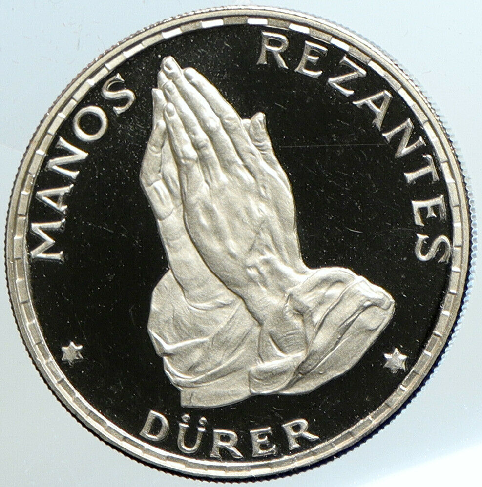 1970 EQUATORIAL GUINEA Dürer's Praying Hands Proof Silver 50 Peseta Coin i101466