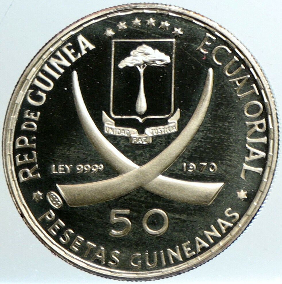 1970 EQUATORIAL GUINEA Dürer's Praying Hands Proof Silver 50 Peseta Coin i101466