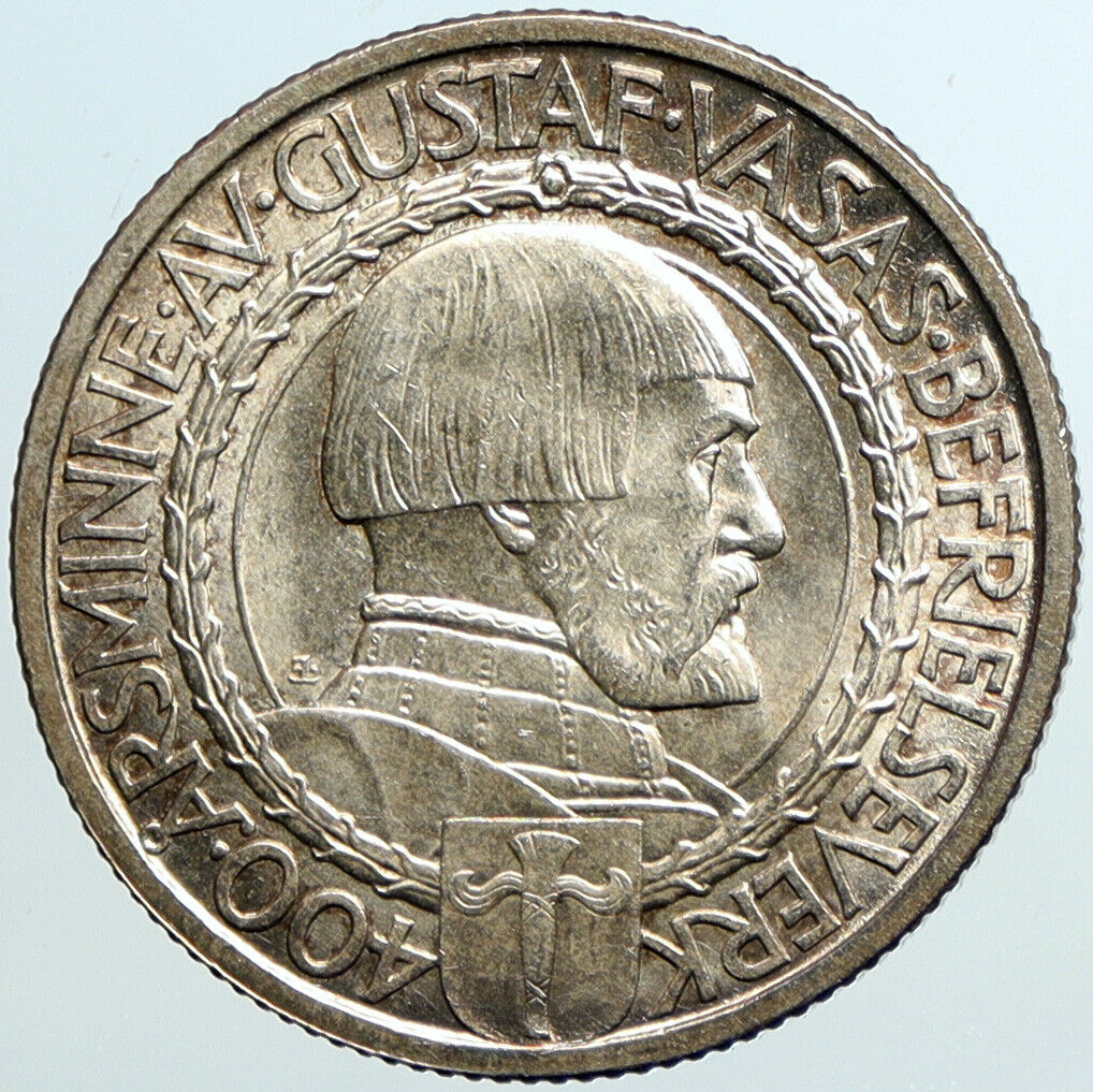 1921 Sweden GUSTAF I Liberation War Anniversary Antique Silver 2 Kr Coin i101311