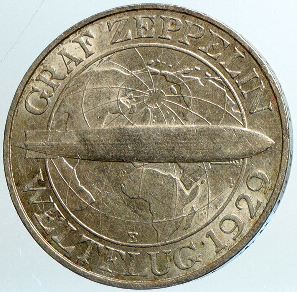 1929 E GERMANY Graf Zeppelin Flights Globe VINTAGE Silver 3 Mark Coin i101485