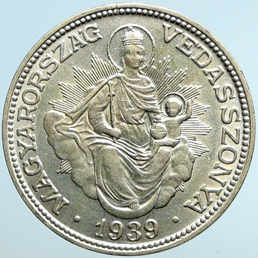 1939 HUNGARY Miklós Horthy MADONNA CHILD Antique OLD Silver 2 Pengo Coin i101488