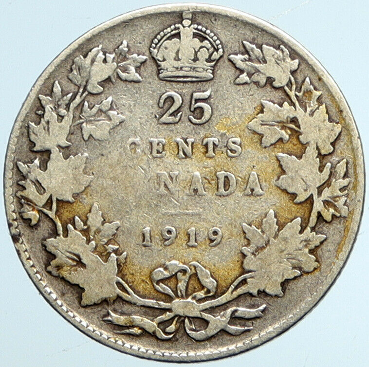 1919 CANADA SILVER 25 CENTS UK King George V Newfoundland Antique Coin i101497