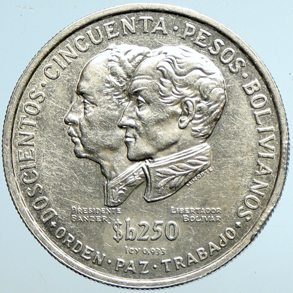 1975 BOLIVIA 150 Yrs INDEPENDENCE Bolivar & Banzer Silver 250 Pesos Coin i101490