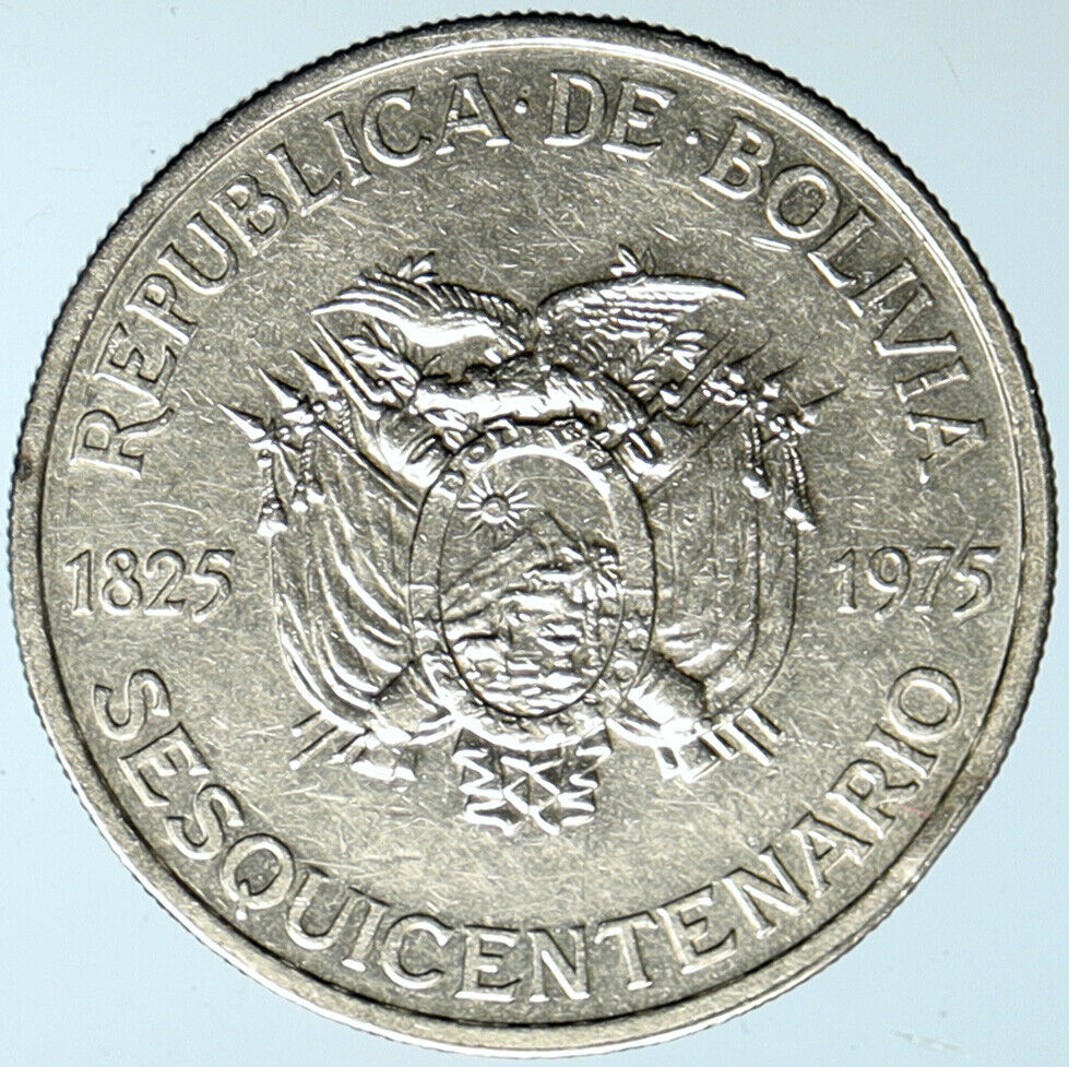 1975 BOLIVIA 150 Yrs INDEPENDENCE Bolivar & Banzer Silver 250 Pesos Coin i101490